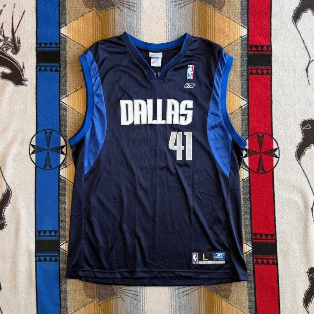 Reebok NBA Dallas Mavericks Dirk Nowitzki 41 Jersey Mens Large Navy Blue Mesh